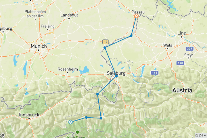 Mapa de Carril bici Tauern Krimml - Passau 10/9