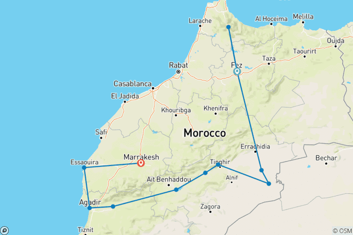 Map of 14 Days Tour from Fes To Marrakesh