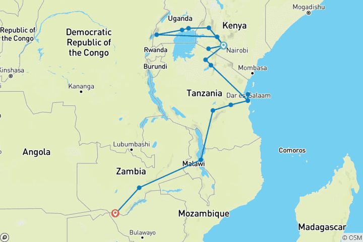 Carte du circuit Exploration des gorilles et de l'Afrique de l'Est - 39 jours