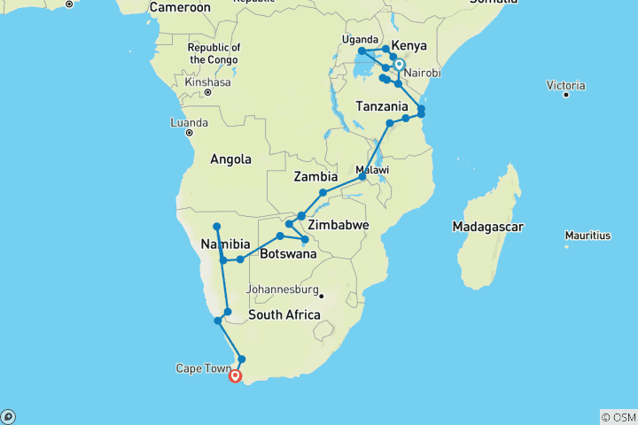 Map of Great African Expedition (Accommodated) - 58 days