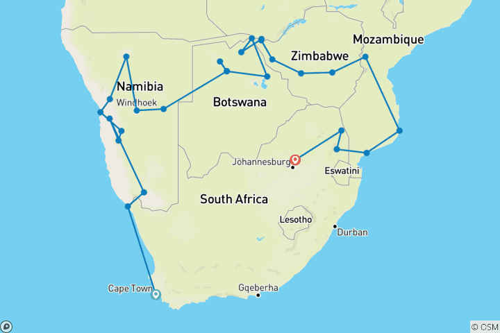 Karte von Südafrika Entdeckerreise - 33 Tage