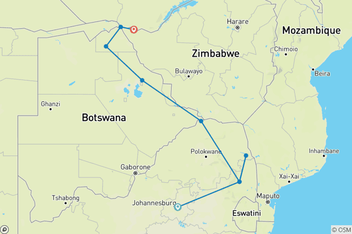 Map of Joburg to Victoria Falls - 12 Days