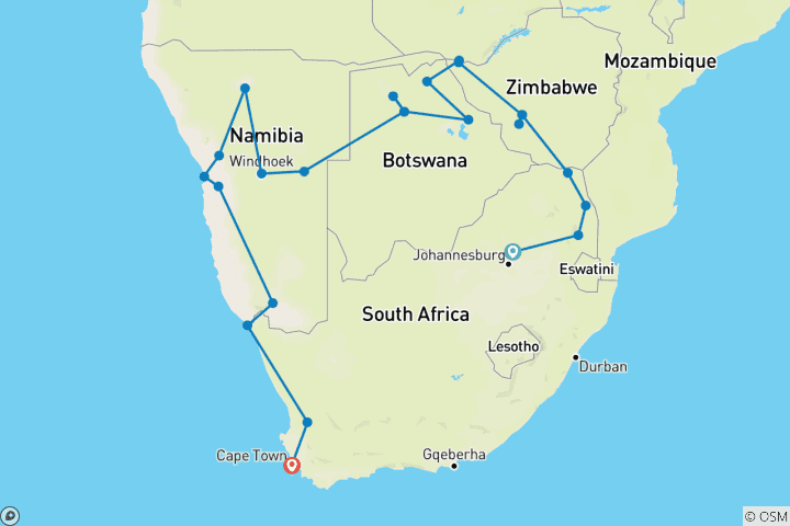 Carte du circuit Kruger, chutes, Delta et Cap - 25 jours