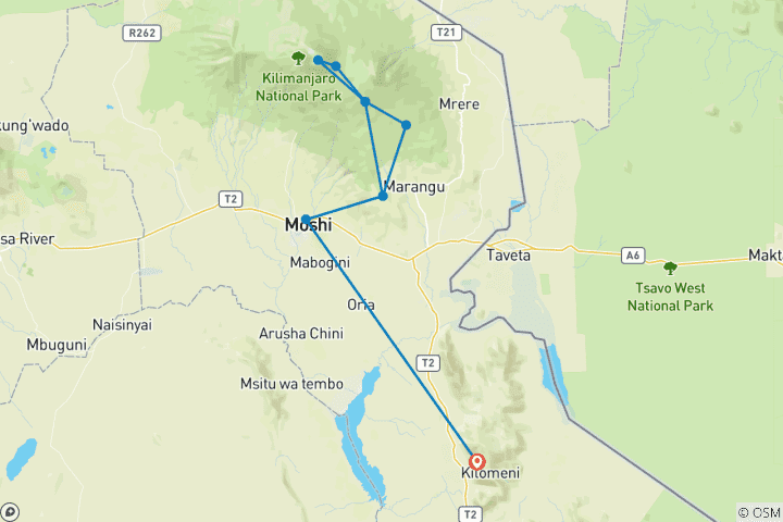 Map of 8-Days Mount Kilimanjaro Safari, Marangu Route