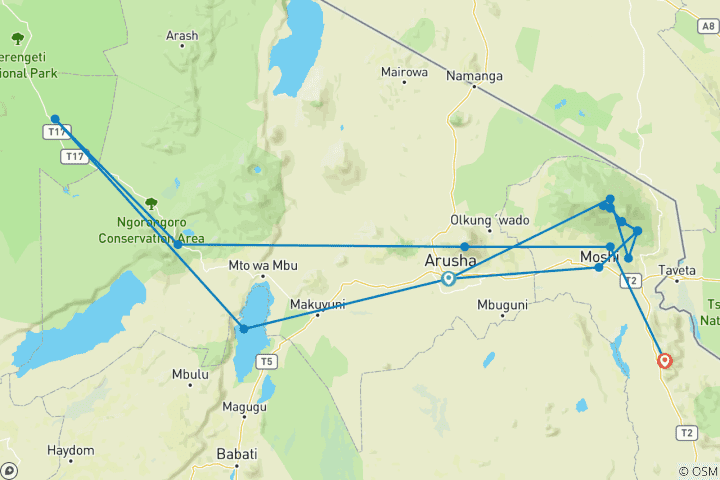 Map of 15 Days Climbing Marangu Routes, Wilderness Safari, Coffee & Cultural Tour