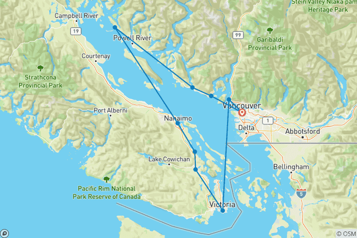 Map of 5 Days Vancouver Island, Victoria, Duncan, Lady Smith, Nanaimo, Comox, Lund, Sunshine Coast, Coastal Circle Tour From Vancouver