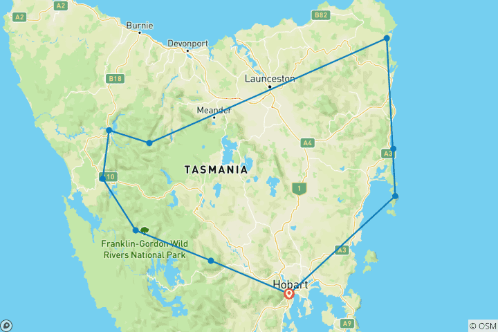 Carte du circuit Circuit de 4 jours en Tasmanie sauvage