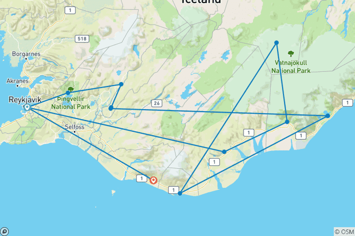 Map of Six Days in Iceland (from Reykjavik to Skogafoss)