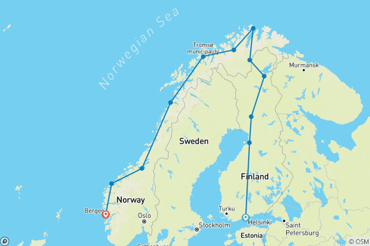 Carte du circuit Top of Scandinavia with Arctic Circle with Coastal Cruise - Le sommet de la Scandinavie avec le cercle polaire arctique et la croisière côtière