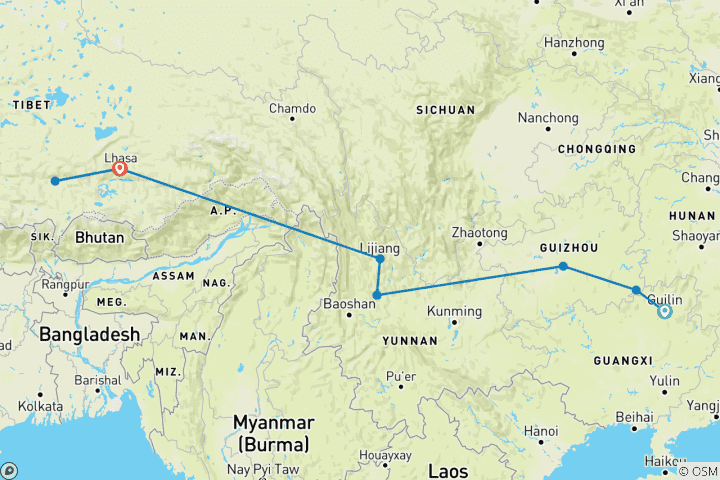 Carte du circuit Le sud et l'ouest de la Chine : Exploration ethnique (sur mesure)