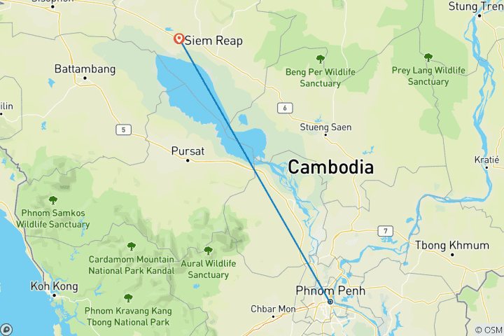 Carte du circuit Croisière en amont du Cambodge de Phnom Penh à Siem Reap par Mekong Dawn