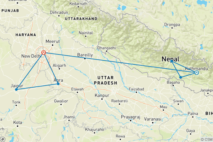 Map of Discover the Golden Triangle: An Enchanting Tour of India and Nepal -14 Days Tour