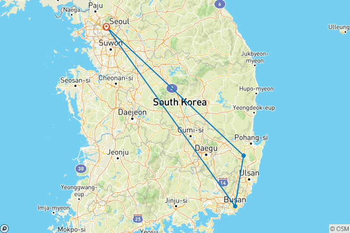 Kaart van Ultieme rondreis door Korea – een privéreis op maat – Seoul, Gyeongju & Busan