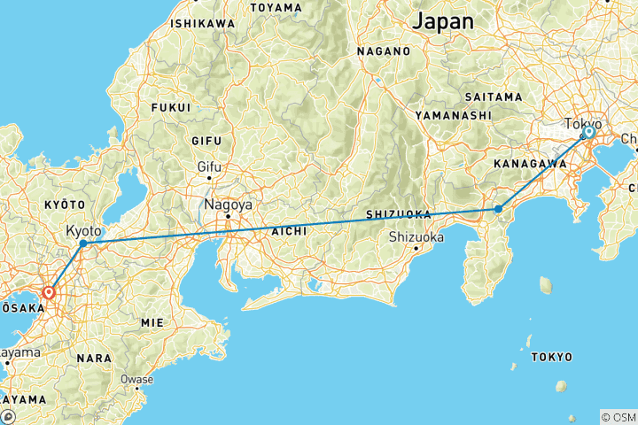Carte du circuit Le meilleur du Japon : De Tokyo à Osaka (avec guide privé, hôtels 4 étoiles)