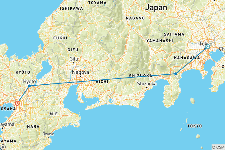 Carte du circuit L'essentiel du Japon : De Tokyo à Osaka (privé sur mesure)