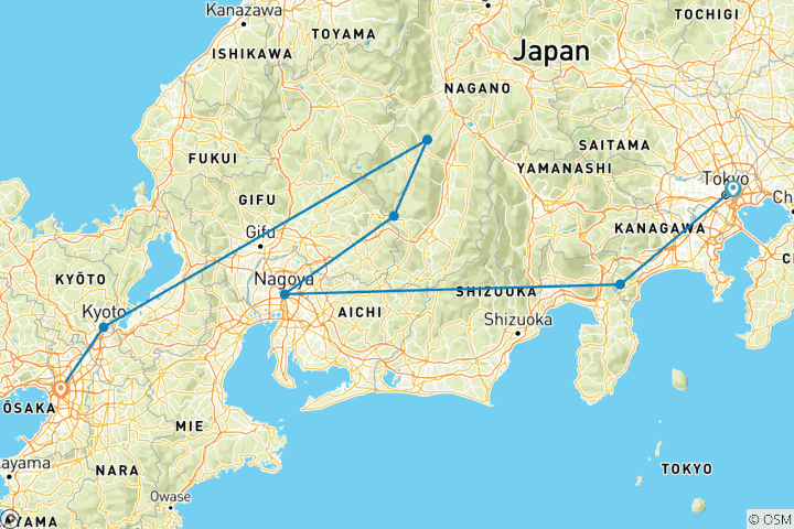 Kaart van Familie-rondreis door Japan – heiligdommen & het Nakasendo-pad – een privéreis op maat