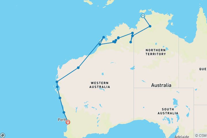 Map of Darwin to Perth Overland