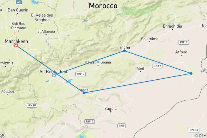 Kaart van 5 dagen Sahara Avonturentocht vanuit Marrakech