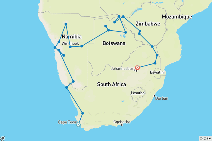 Karte von Kap, Delta, Wasserfälle & Kruger (mit Unterkunft) - 25 Tage