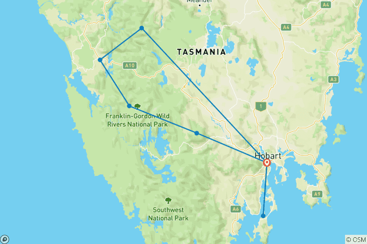 Carte du circuit Tour de Cradle Mountain et de l'île Bruny