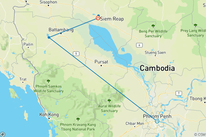 Map of 7-Day Cambodia Highlights & Adventure Tours