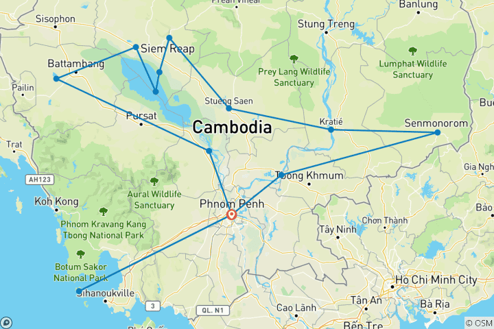 Map of Ultimate 17-Day Cambodia: Private, Discovery, Highlights, Cuisine, Activities, Ethnic Village, Beaches.