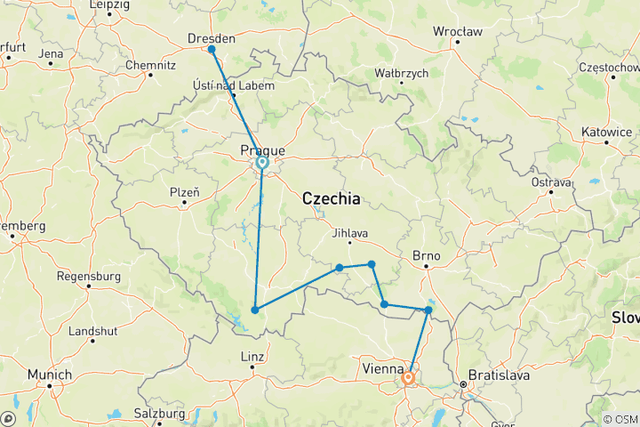 Map of CZECHIA CHRISTMAS TOUR with visit of Dresden and Vienna 9 days