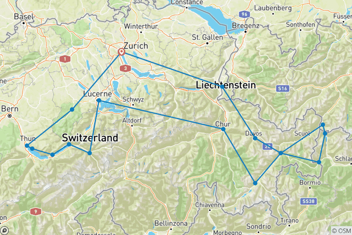 Karte von Die Schweizer Alpen und Bergpässe voreingestellte geführte Sat-Nav Reise