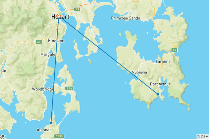 Map of 3 Day Tasmanian Highlights Tour – Hobart, Port Arthur and Bruny Island