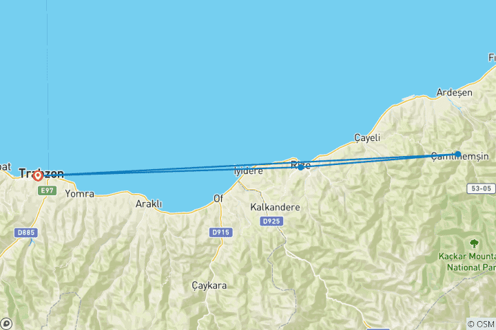 Map of Rize Trabzon 4 Nights 5 Days private north tour with bungalow accommodation