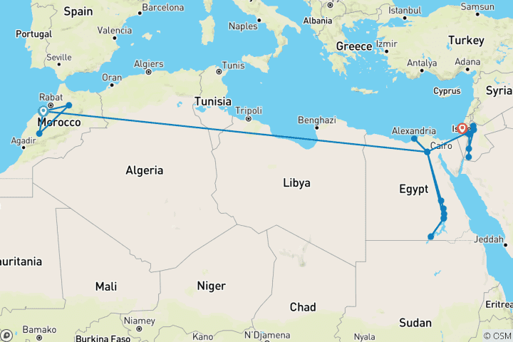 Carte du circuit Les essentiels du Maroc, de l'Égypte, de la Jordanie et d'Israël (sur mesure)