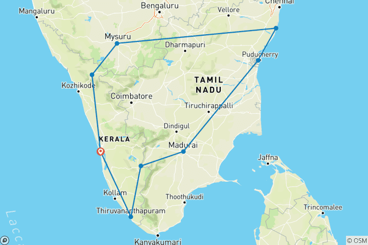 Kaart van Rondreis door door Zuid –India