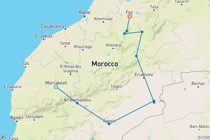 Karte von 6 Tage Wüstenausflug ab Marrakesch Privat