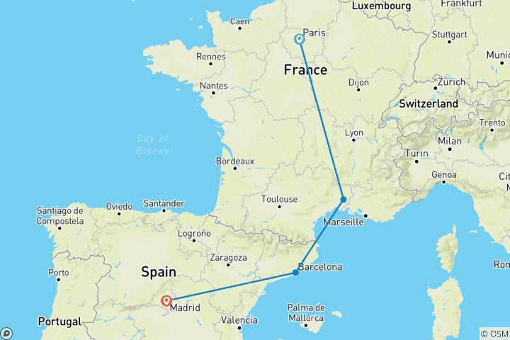 Carte du circuit Paris- Madrid en train
