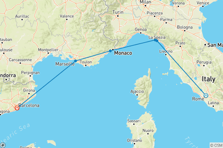 Map of Rome to Barcelona by Train (27 To 35, 9 Days)