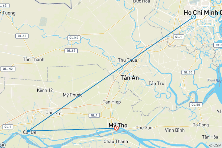 Kaart van Mekong delta fietstocht: twee dagen één nacht