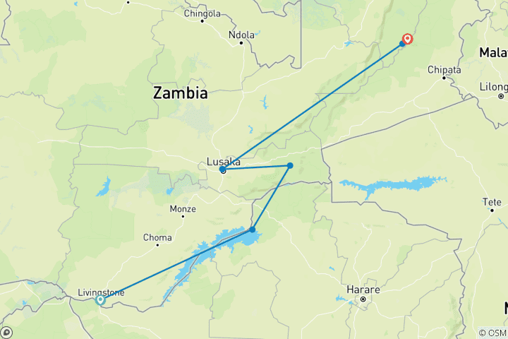 Carte du circuit Safari dans les vallées du Zambèze et du Luangwa