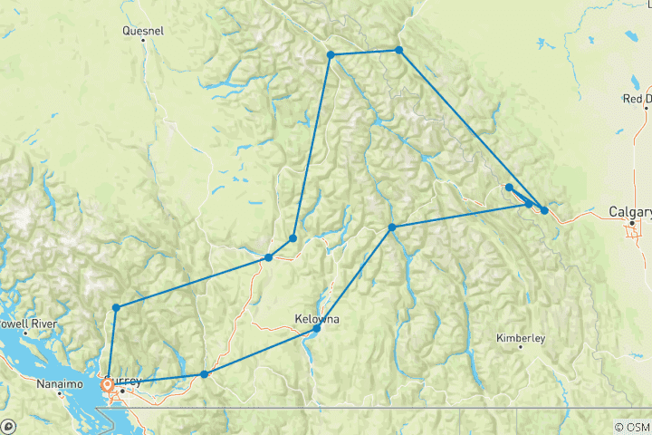 Carte du circuit Escapade privée dans les Rocheuses : 6 jours au départ de Vancouver