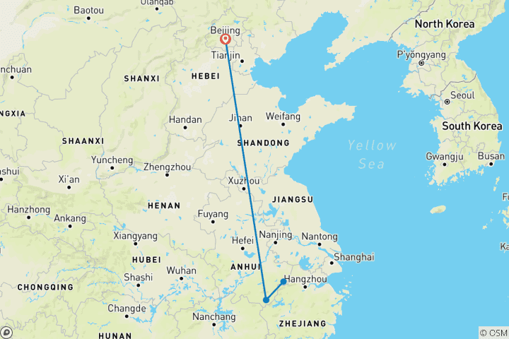 Map of 5-Day Explore by Round-way Bullet Train from Beijing to Yellow Mount, Xidi & Hongcun Village