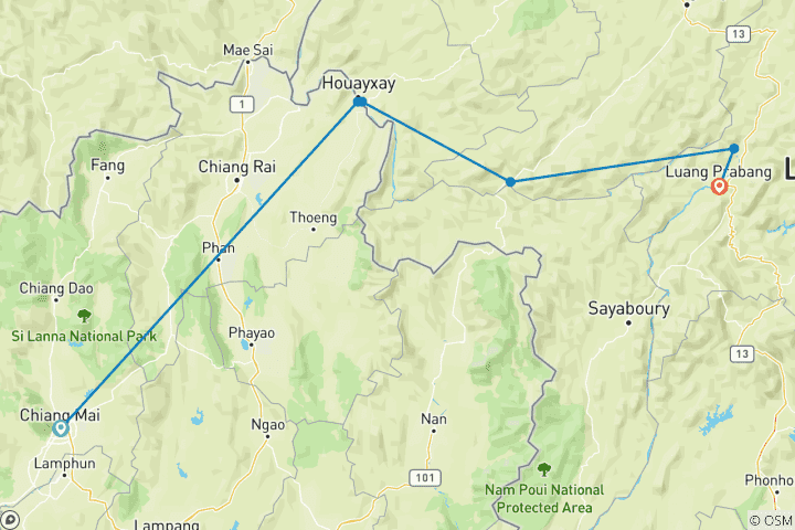 Carte du circuit Croisière à vie sur le Mékong de Chiang Mai à Luang Prabang en passant par Huay Xai et Pakbeng