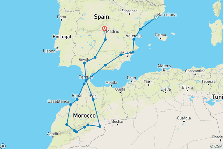 Mapa de España y el mágico Marruecos (22 destinations)