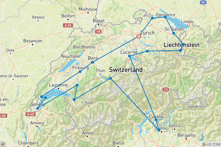 Map of Switzerland (19 destinations)