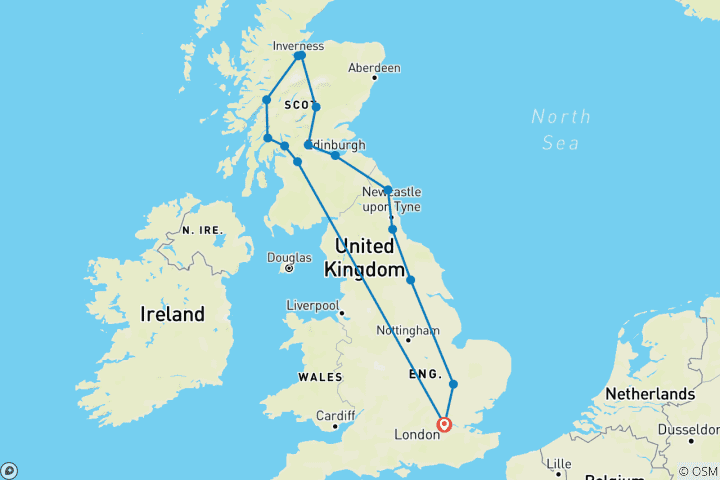 Kaart van Schotland vanuit Londen (15 bestemmingen)