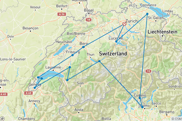 Map of Swiss Capitals (14 destinations)