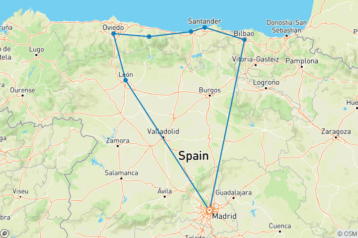 Map of Madrid and North of Spain (8 destinations)