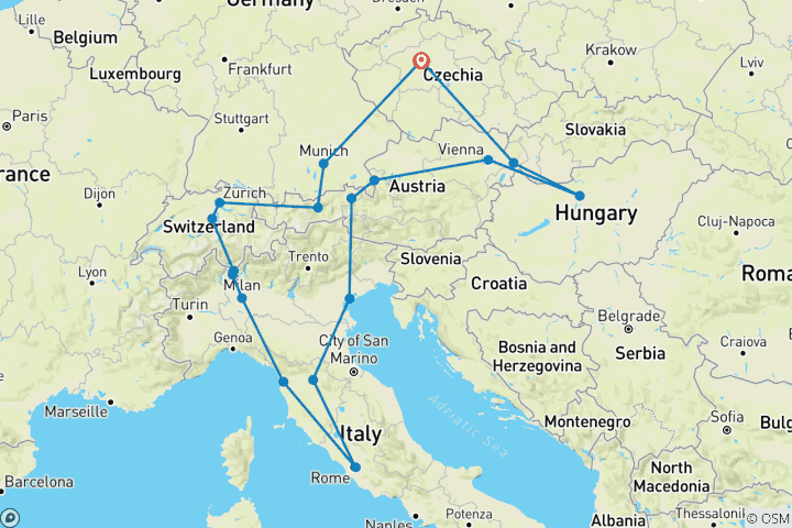 Kaart van Mooi Europa ROT (18 bestemmingen)