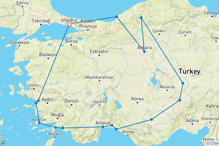 Kaart van Panorama van Turkije (16 bestemmingen)