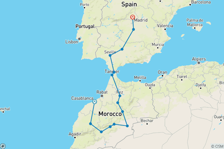 Map of Moroccan capitals, Seville and Madrid (15 destinations)