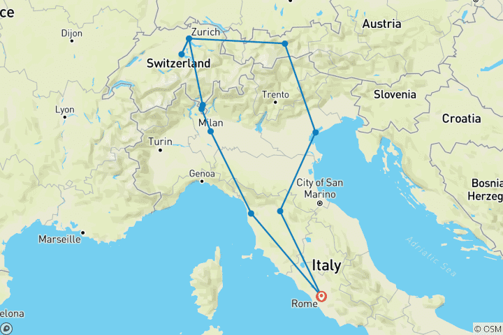 Kaart van Italië en Zwitserland ROT (12 bestemmingen)