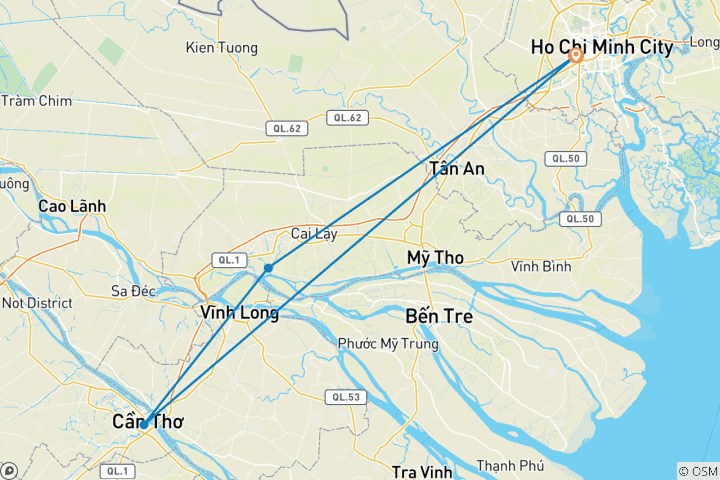 Carte du circuit Delta du Mékong - 2 jours et 1 nuit avec le marché flottant de Cai Rang